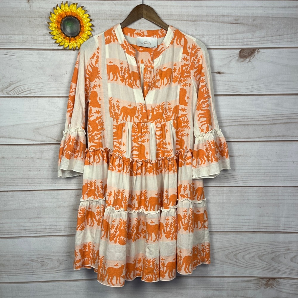 Kasia Greece Orange White Animal Print Cotton Tiered Ruffle Tunic Dress XS